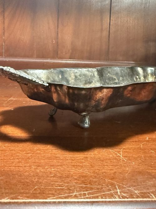 Silverplate Silver on Copper Ornate Serving Tray w/ Handles Scalloped Feet — image 6