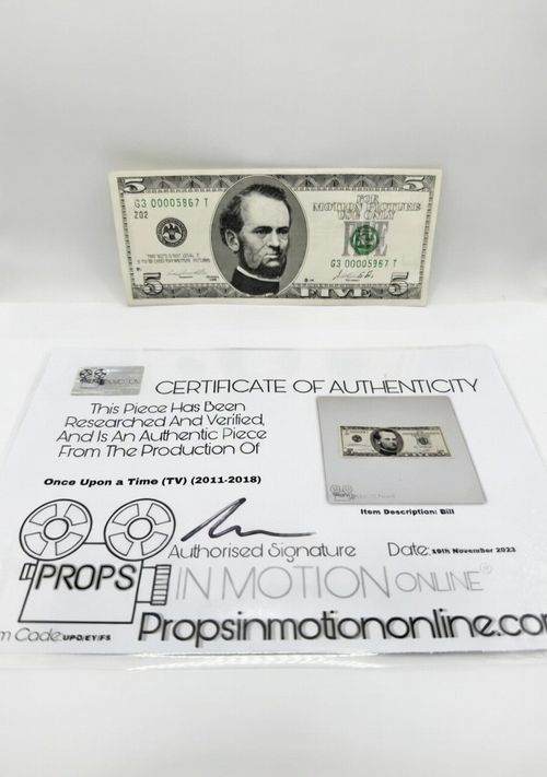 Authentic ONCE UPON A TIME TV Prop $5 Bill + COA Props In Motion 2011-2018 — image 1