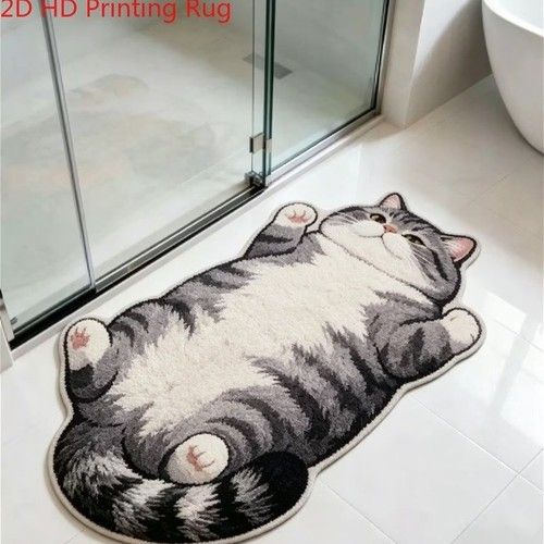 Novelty Sleeping Cat Shaped Rug Fluffy Plush Floor Mat Bedroom Bedside Decor