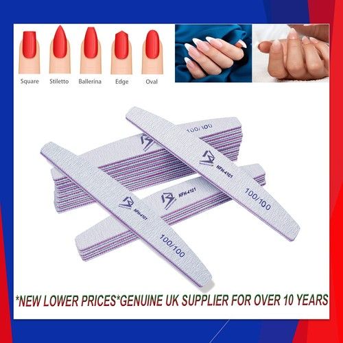 100/180/240 Grit Nail Files Professional Quality Half Moon Buffer Emery Board UK