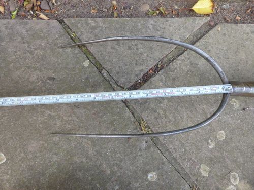 Vintage Pitch Fork - hay fork - 2 Prong Old Farm Tool. Long wooden handle. — image 10