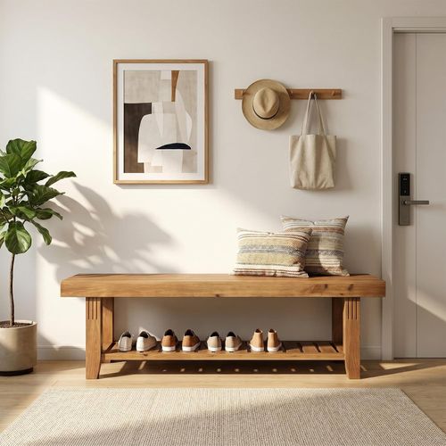 63" Modern Solid Wood Entryway Bench with Slatted Shoe Storage Shelf for Hallway — image 3