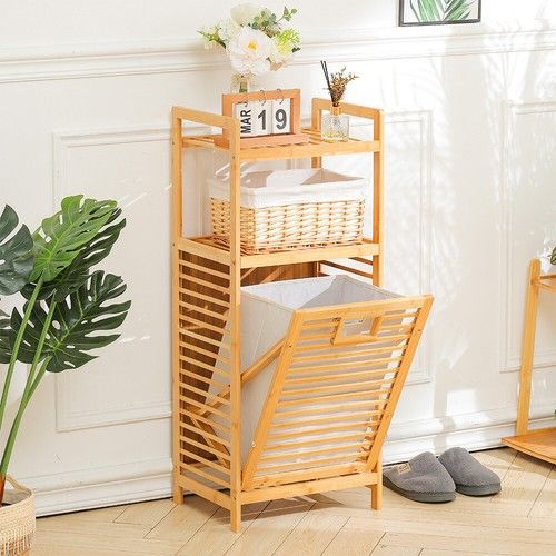 Bamboo Shelf with Laundry Basket Bin Hamper Wooden Bathroom Storage Stand Rack