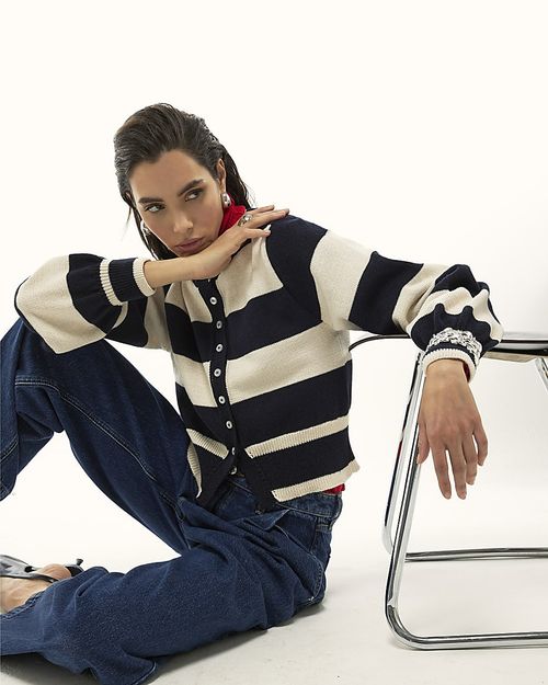 River Island Womens Cardigan Navy Striped Long Sleeve Button Jumper Top — image 4