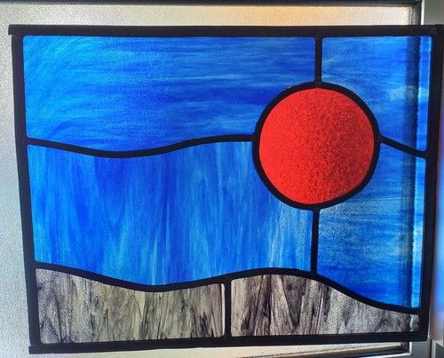 Stained Glass Leaded Window Panel Abstract Red Sun Landscape 