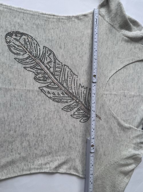 Women Grey Knit V-Neck Pullover Jumper Feather Rhinestone Studs Long Sleeve 10 — image 9