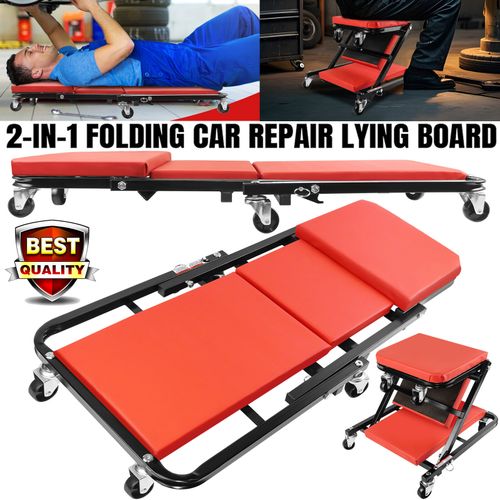 2 in 1 Folding Mechanics Creeper Trolley Stool Padded Car Workshop Garage Repair — image 1