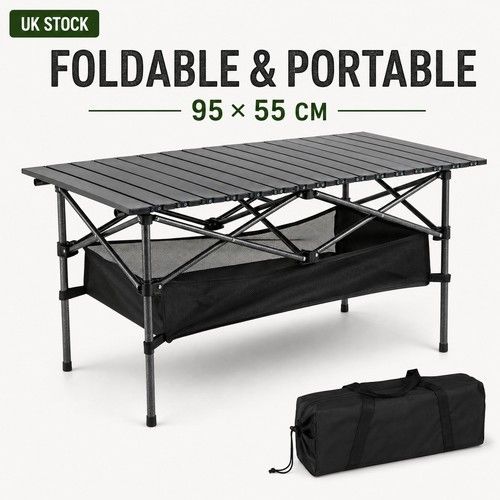 95*55cm Folding Camping Table Adjustable Height Roll Top Picnic BBQ Carry Bag UK