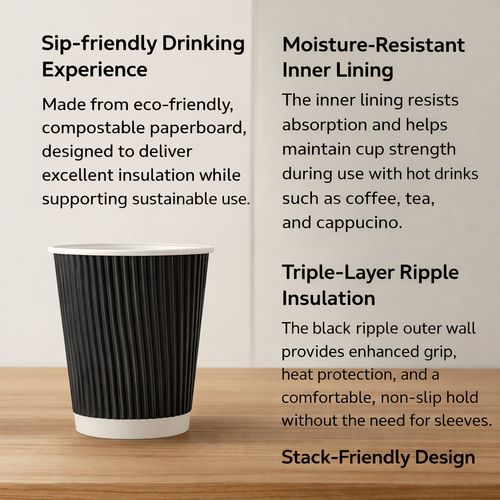 12oz Ripple Disposable Coffee Cups with Rpet Lids –Paper Takeaway Hot Cold Drink — image 11