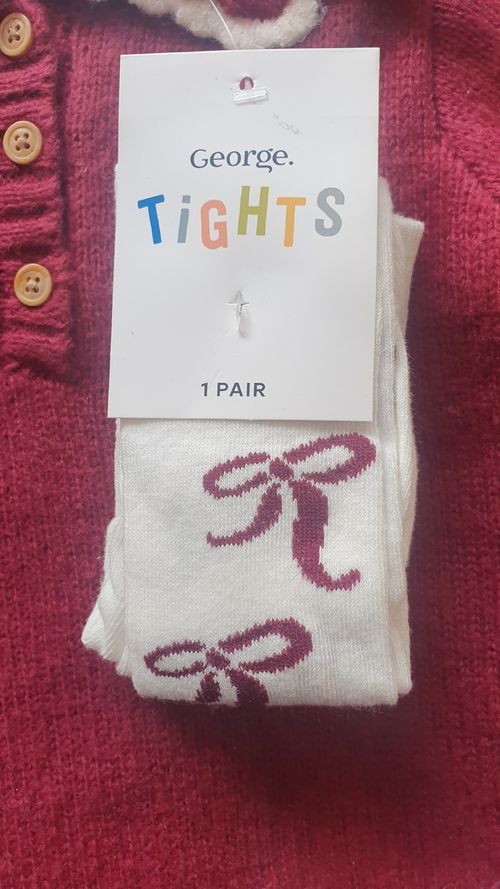 George Girls Knit Dress & Tights Set Burgundy/White Long Sleeve Button Bow — image 5