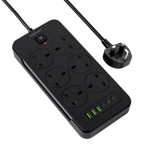 Surge Protected Mains Extension Lead UK Power Cable Plug 3/6 Socket Black USB
