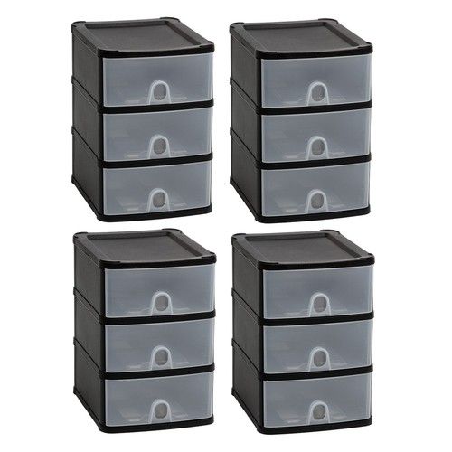 4 x Uni Handy 3 Tier Plastic Drawers Storage Chest Tower Office Home School