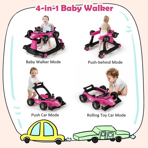 4 in-1 Adjustable Baby Walker Folding Infant Walker Toy Activity Center-Pink — image 11