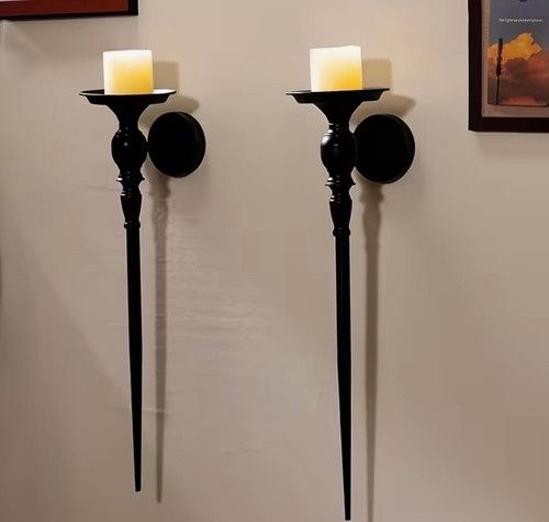 Pair Large Gothic Black Iron Wall Candle Sconces 60cm Medieval Victorian Style