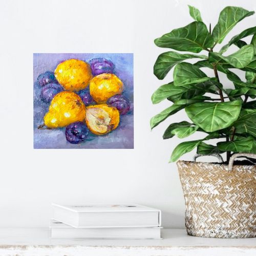 Original Pears Plums Oil Painting Still Life 6x6in Fruit •Signed by OlgaS — image 6