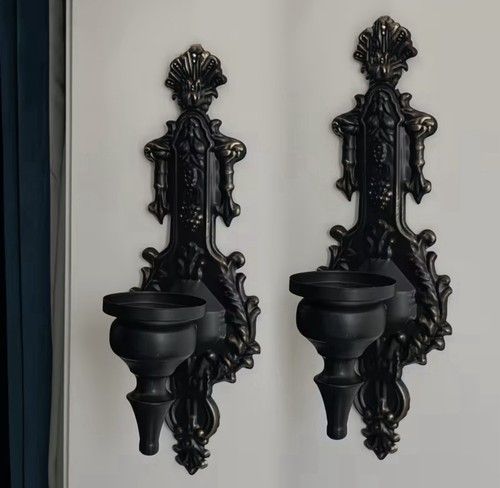 Pair of Gothic Black Wall Candle Sconces Ornate Victorian Style Candle Holders