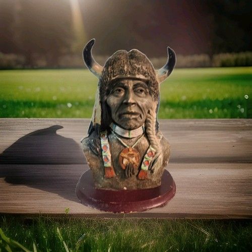 Resin Native American Chief Head Horns Bust Statue 6.5” Figure Braids Wood Base