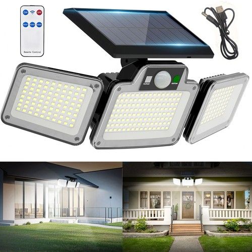 3-Head Solar Wall Light LED PIR Motion Sensor Outdoor Garden Security Flood Lamp
