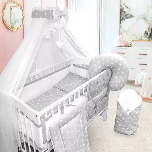 Baby Cot Bedding Set 14Pc Fit Cot 120x60cm Small White On Grey