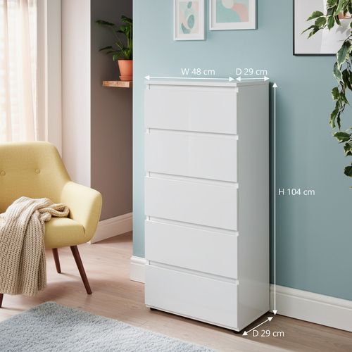 White High Gloss 5 Drawer Chest of Drawers | Modern Slim Bedroom Storage Cabinet — image 3