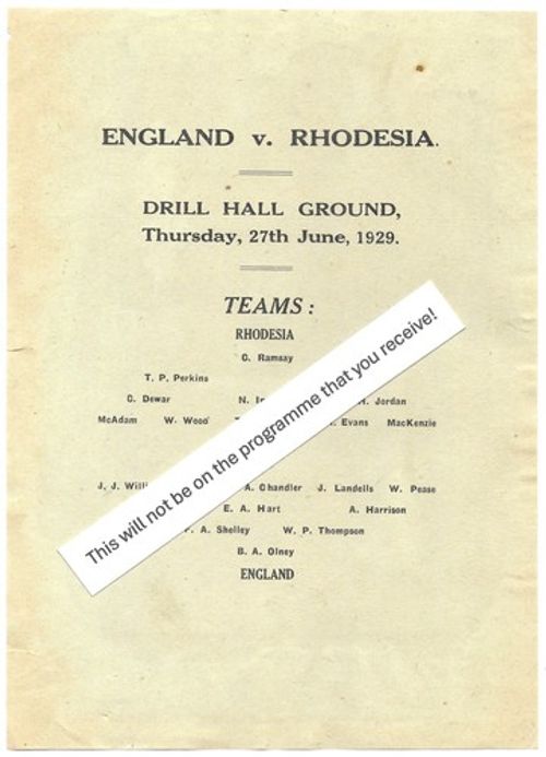 VERY RARE Football Match Programme - June 1929 Rhodesia v England