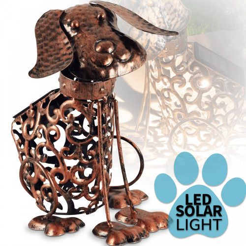Solar Power LED Silhouette Dog Garden Ornament Metal Outdoor Light Decor Rustic