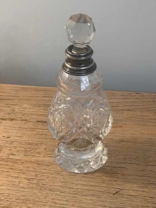 Vintage Art Deco Glass Perfume Bottle, Sterling Silver Ring Below Stopper