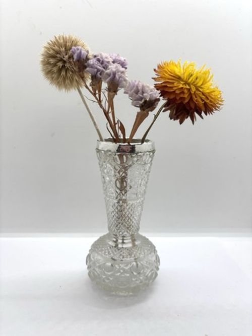 Antique Sterling Silver Mounted Cut Glass Thistle Shaped bulbous Posy Vase
