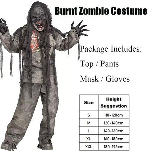 Burnt Zombie Halloween Costume Set Top Pants Mask Gloves Adult Kids Horror
