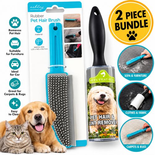 Pet Hair Remover Bundle Rubber Brush & Lint Roller Dog Cat Sofa Car Carpet — image 2