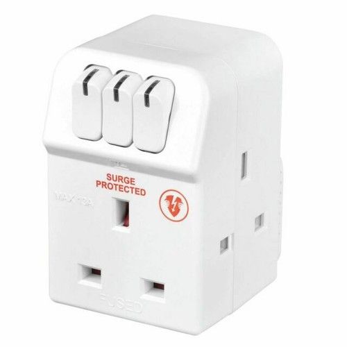 3 Socket Surge Protected Adaptor Individual Switches Power Extension