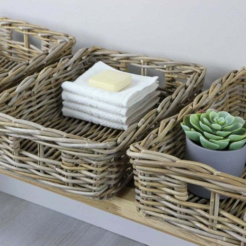 Grey & Buff Rattan Storage Baskets Rectangular Wicker Empty Hamper Display Tray — image 4