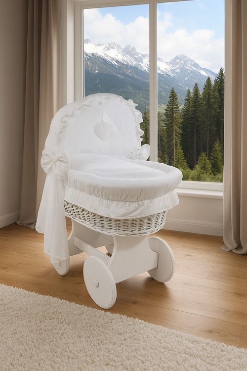 White Wicker Wheels Hood Crib/baby Moses Basket + Complete Bedding — image 2