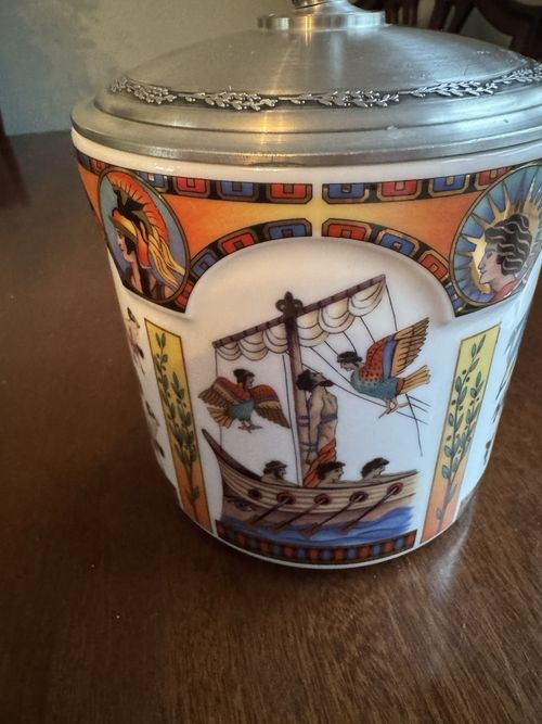 Schmidt Vintage German Ceramic Jar Pewter Handle Lid Greek Mythology 2005 9" — image 5