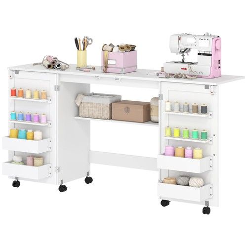 HOMCOM Folding Sewing Table with 2 Magnetic Doors, Storage Shelf, White
