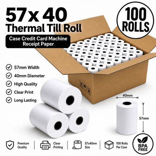 57x40 Thermal Rolls Case Credit Card Machine Receipt Paper Till Roll - 100 Rolls