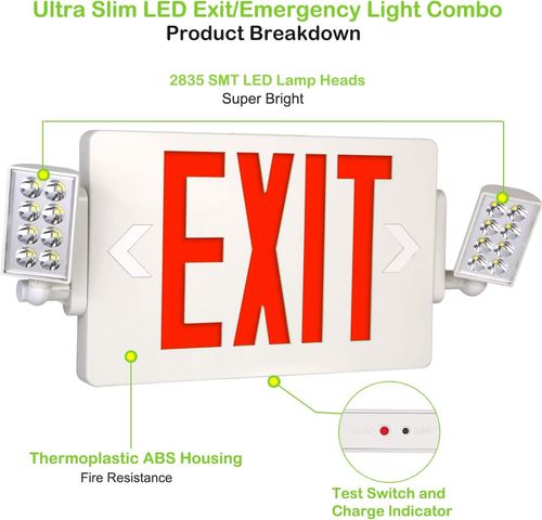 LED Red Exit Sign Emergency Light–Hi Output Compact Combo UL Listed Battery — image 6