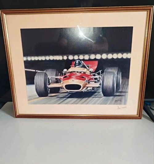 Rare Vintage Signed Art Graham Hill In Lotus 49B F1 Car Monaco GP