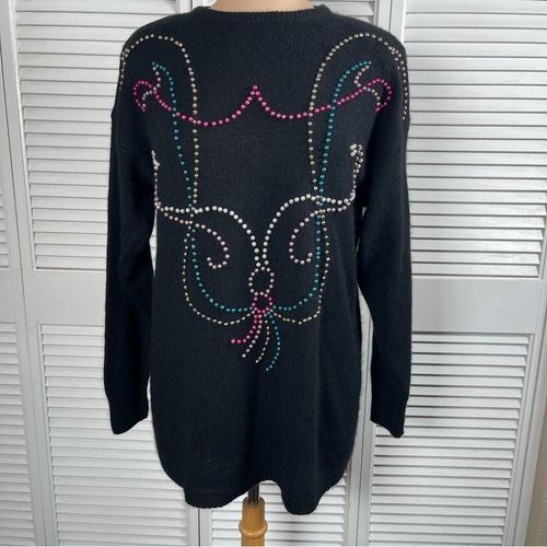 Vintage 80s Amanda Beaded Reindeer Sweater L Silk Angora Black Holiday — image 1