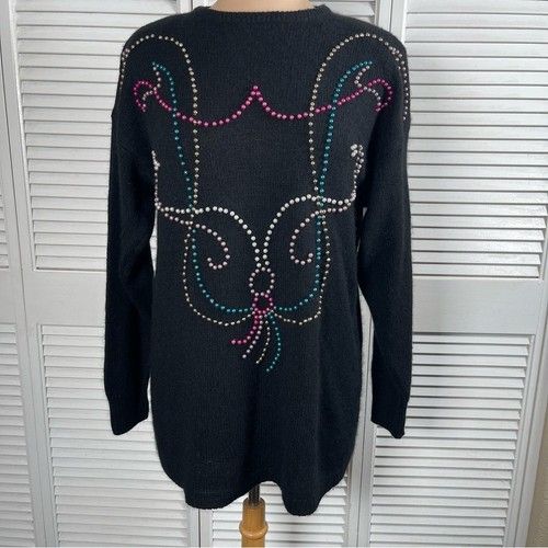 Vintage 80s Amanda Beaded Reindeer Sweater L Silk Angora Black Holiday