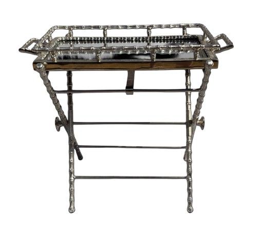 Mid-Century Mirrored Faux Bamboo Serving Table Silver Tone French Vintage 1960s