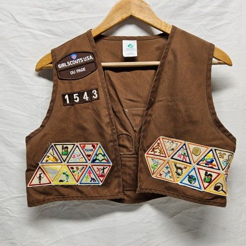 Vintage Girl Scouts USA Junior Loaded Patch Vest Size Large DuPage Troop 1543