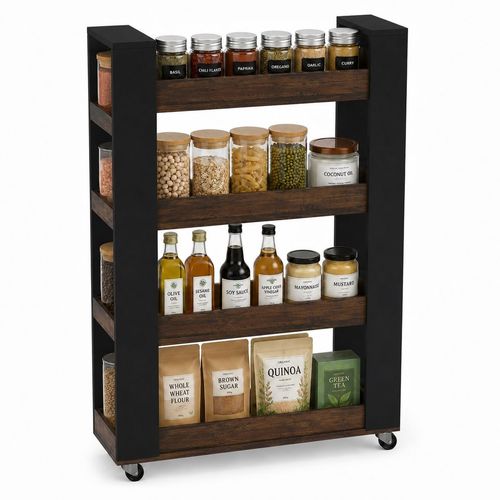 Slim 4 Tier Rolling Wooden Kitchen Storage Trolley Cart Wheels Narrow Rack Caddy — image 1