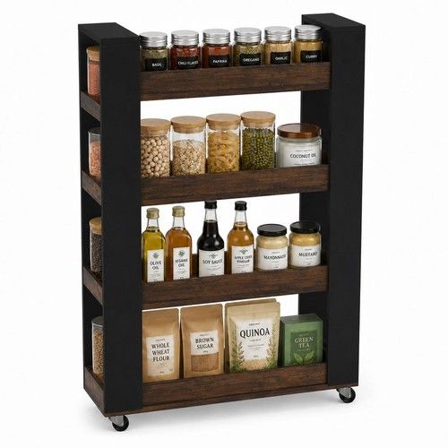 Slim 4 Tier Rolling Wooden Kitchen Storage Trolley Cart Wheels Narrow Rack Caddy
