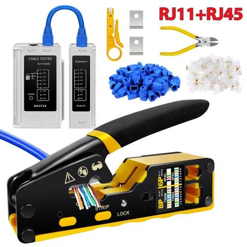 RJ11 RJ45 Crimp Tool Kit Cat5/5e/6 Cable Pass Through Crimper Ethernet Network 