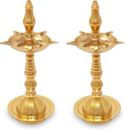 Brass Oil Lamp Diya Kerala Samai 10 Inches Traditional Lamp Deepam Set of 2