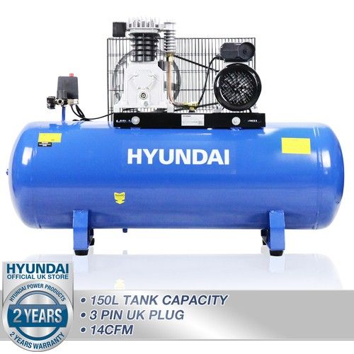 Hyundai Air Compressor Low Noise 150L 14CFM 145psi Twin Cylinder Belt Drive 3hp