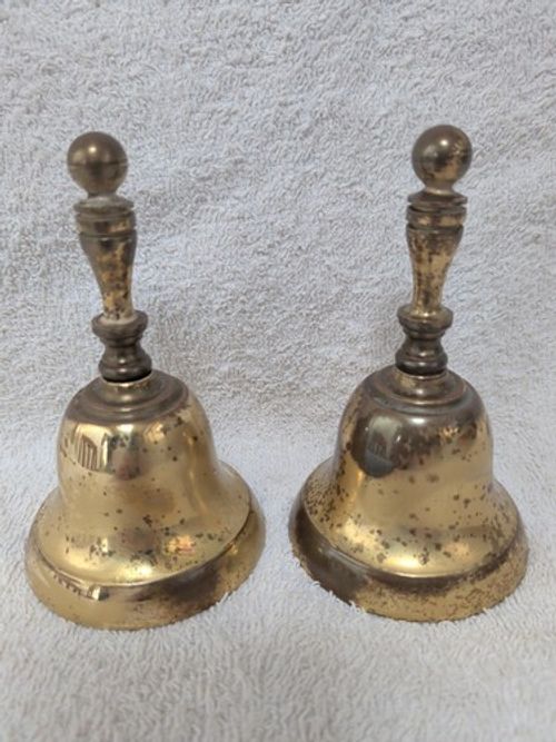 Pair Vintage Solid Brass Hand Bells Made In England School Dinner Call Lead