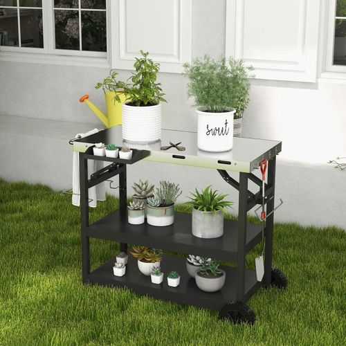 3-Tier Foldable Outdoor Cart Movable Multifunctional Flattop Worktable 2 Wheels — image 3