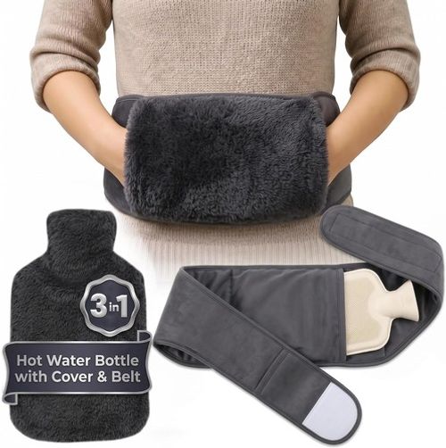 Hot Water Bottle with Cover Adjustable Belt 1L Wearable Wrap Around Pain Relief
